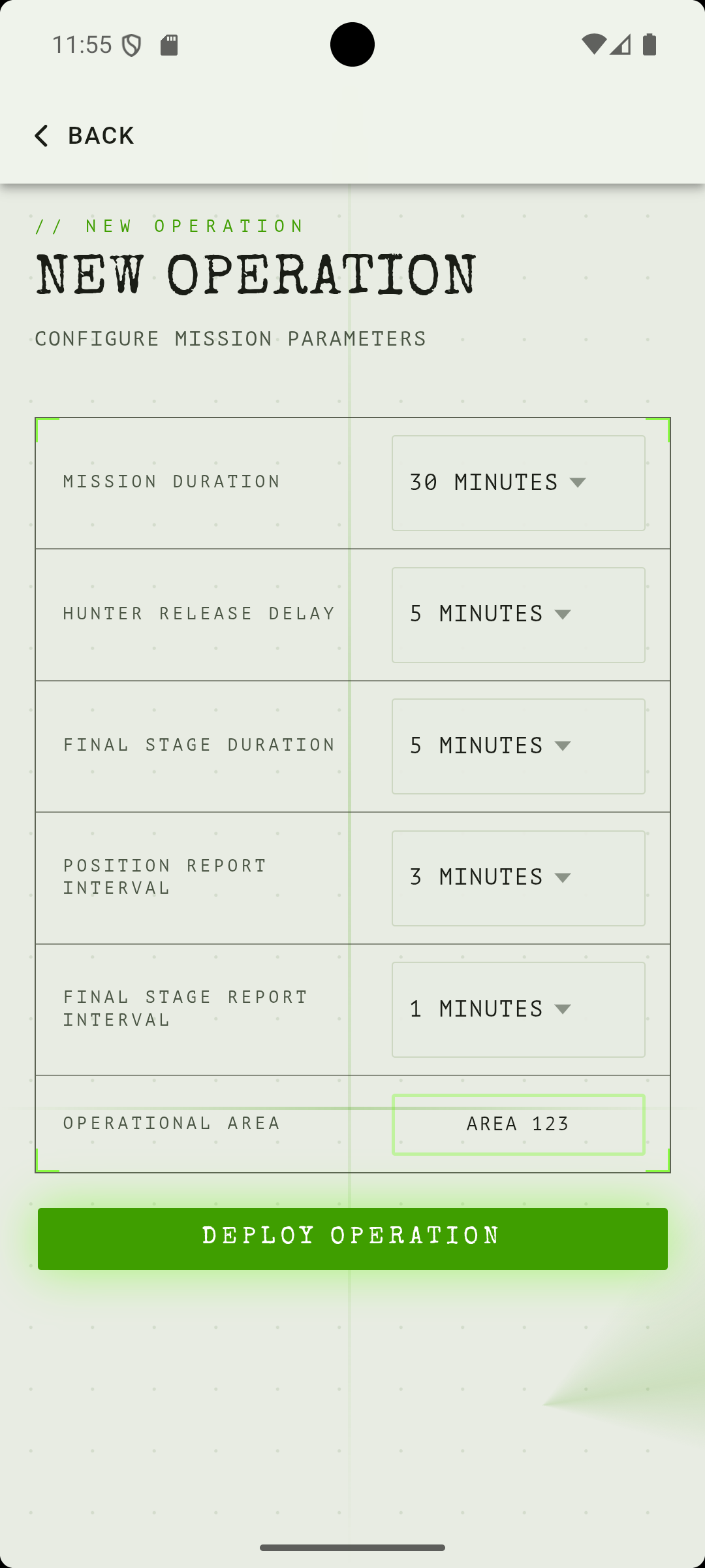 The new-game screen showing the configurable game parameters