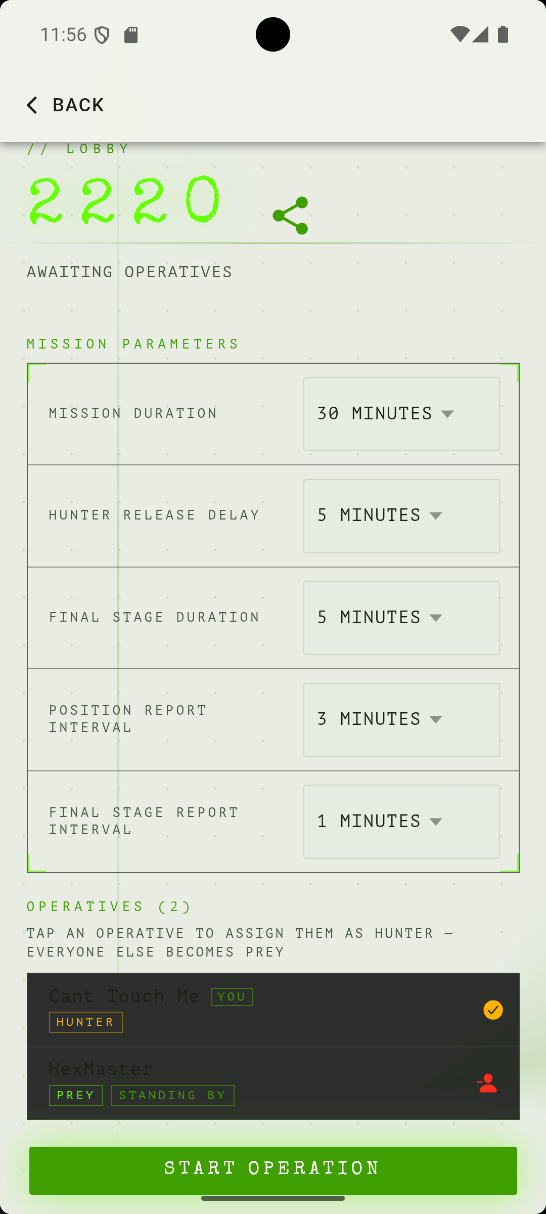 The lobby screen showing the join code and the list of players